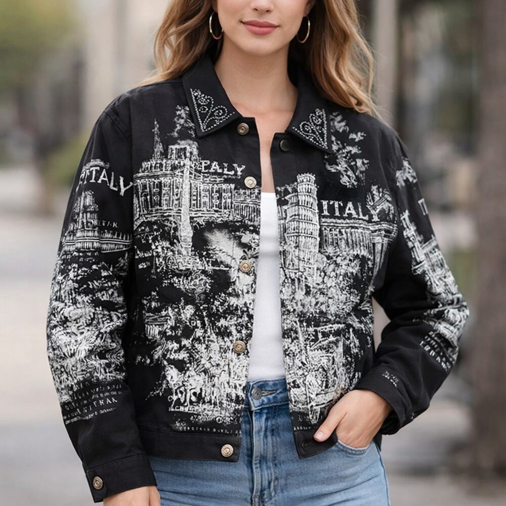 Cactus Italy Graphic Rhinestone Jacket Womens XL Made USA Y2K Black